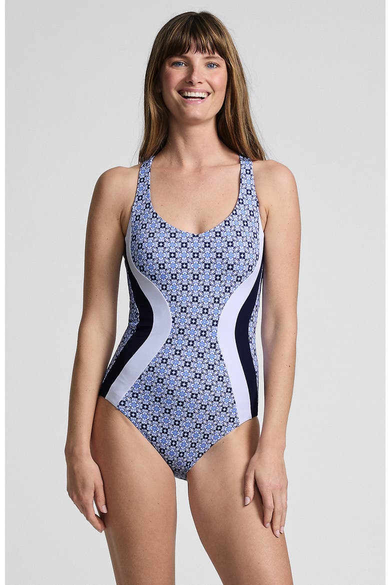 Tugless Contour One Piece, Alternate, color, Lake Blue Geo Colorblock