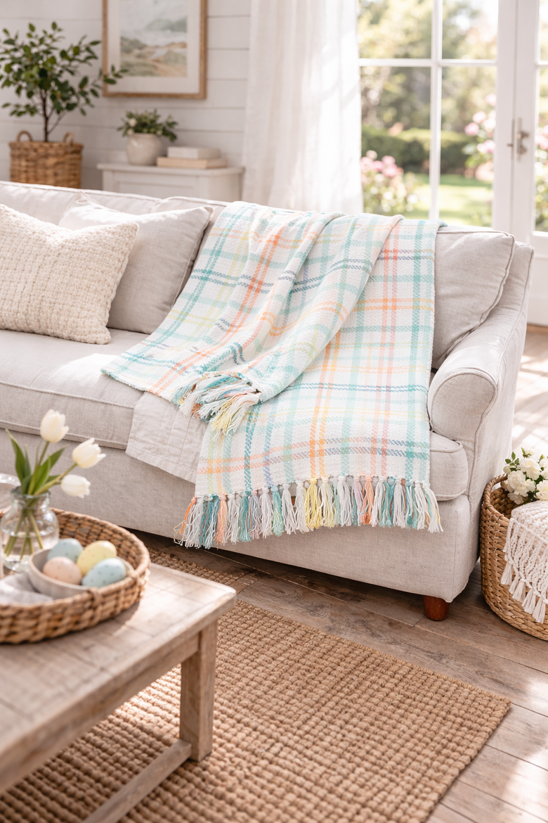 Easter Bunny Trail Plaid 100% Cotton Accent Throw Blanket 50" x 60", Alternate, color, Blue