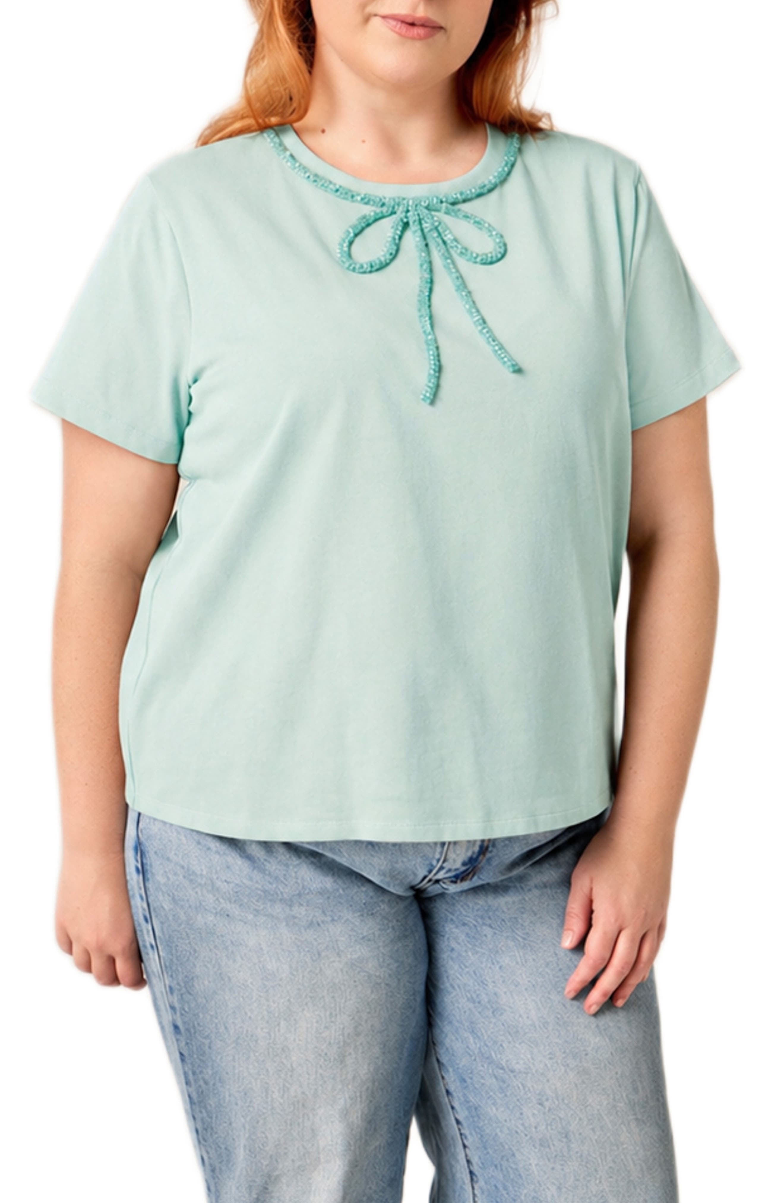English Factory Beaded Bow Cotton T-Shirt