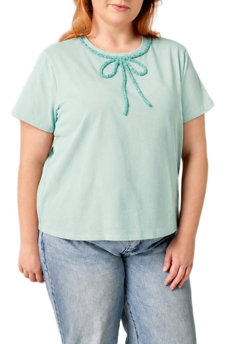 Beaded Bow Cotton T-Shirt, Main, color, MINT
