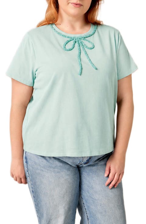Beaded Bow Cotton T-Shirt (Plus)