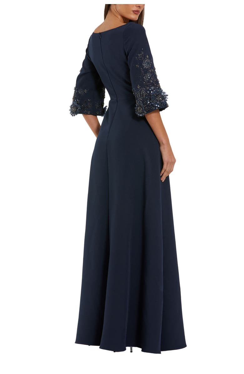 Mac Duggal Women's Crepe Gown With Floral Embellished Sleeves, Alternate, color, Midnight