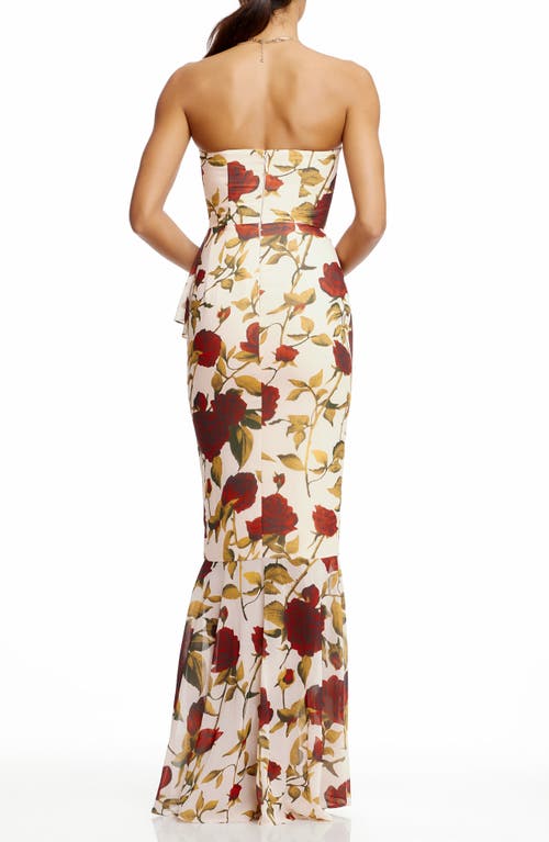 Dress The Population Paris Floral Ruffle Strapless Gown In Cream Multi