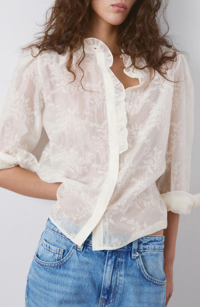 MANGO Floral Embroidery Woven Shirt, Main, color, Ecru
