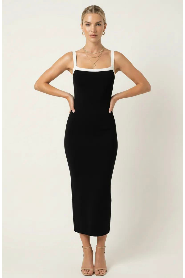 Square Neck Contrast Trim Midi Dress, Alternate, color, Black / White
