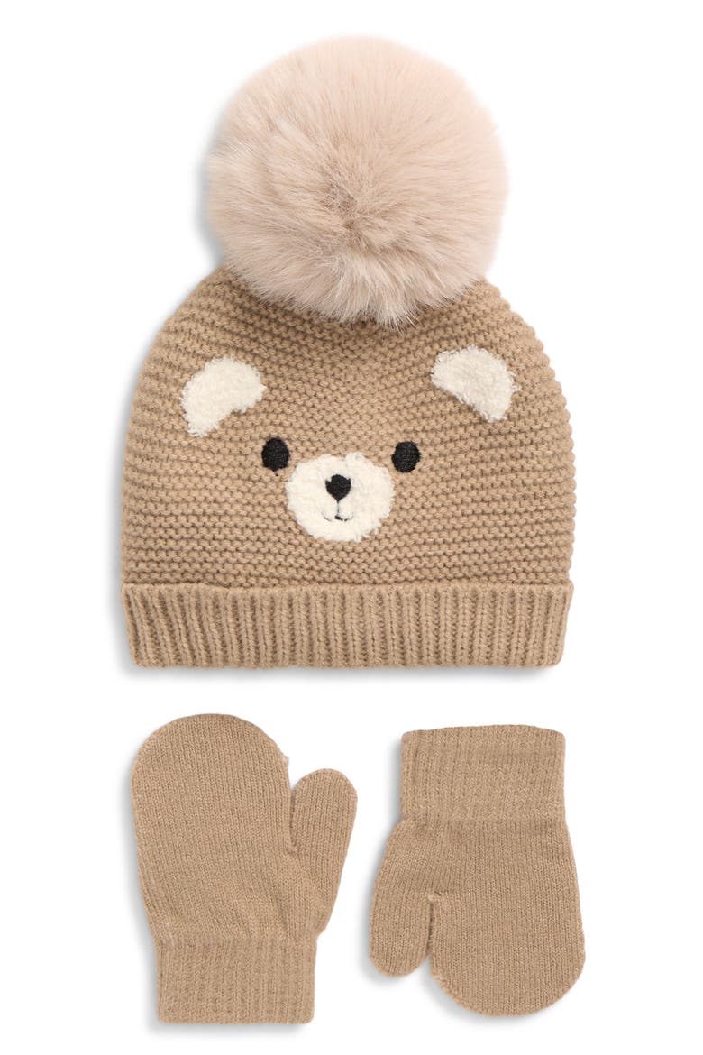 Kids' Teddy Bear Beanie & Mittens Set, Main, color, BEIGE/ IVORY COMBO