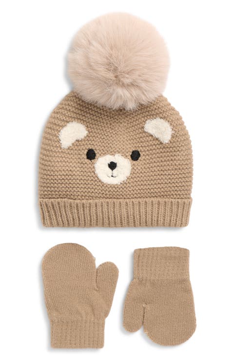 Kids' Teddy Bear Beanie & Mittens Set