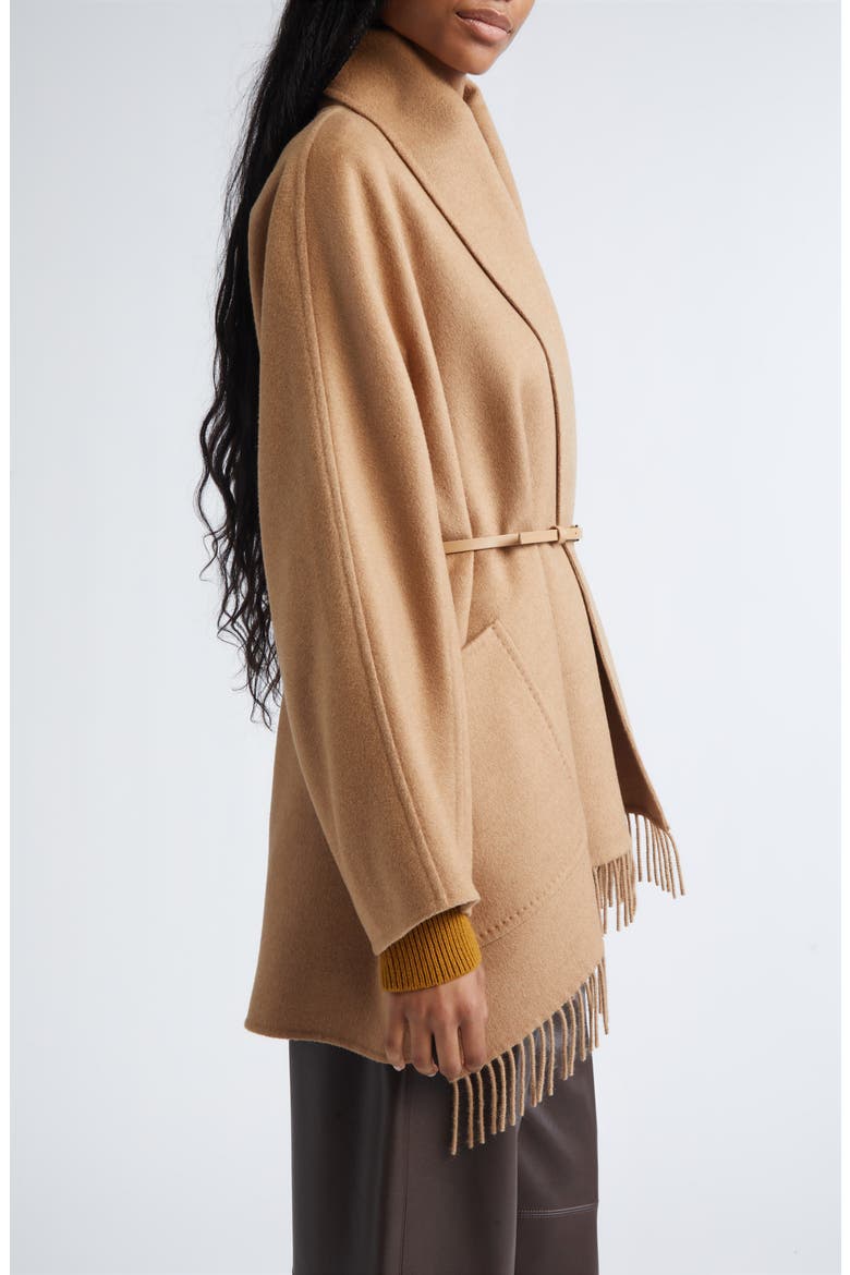 Abilita Fringed Camel Hair Belted Cape Jacket, Alternate, color, CAMEL