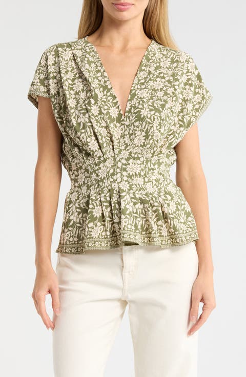 V-Neck Short Sleeve Pleated Top