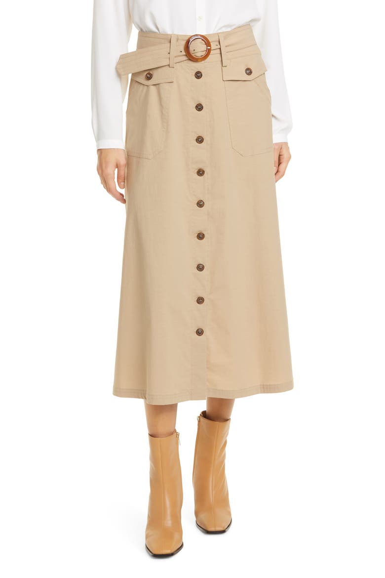 Button Front Midi Skirt, Main, color, KHAKI