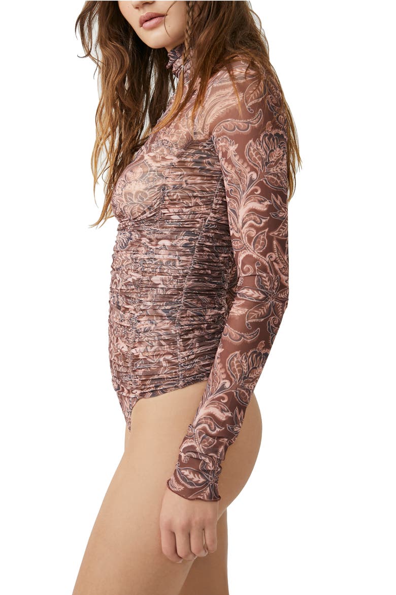 Under It All Ruched Mesh Turtleneck Bodysuit, Alternate, color, RUST COMBO