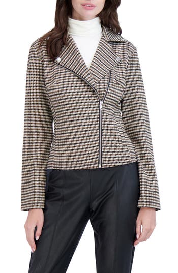 Ookie & Lala Houndstooth Asymmetric Zip Moto Jacket In Black/brown/camel