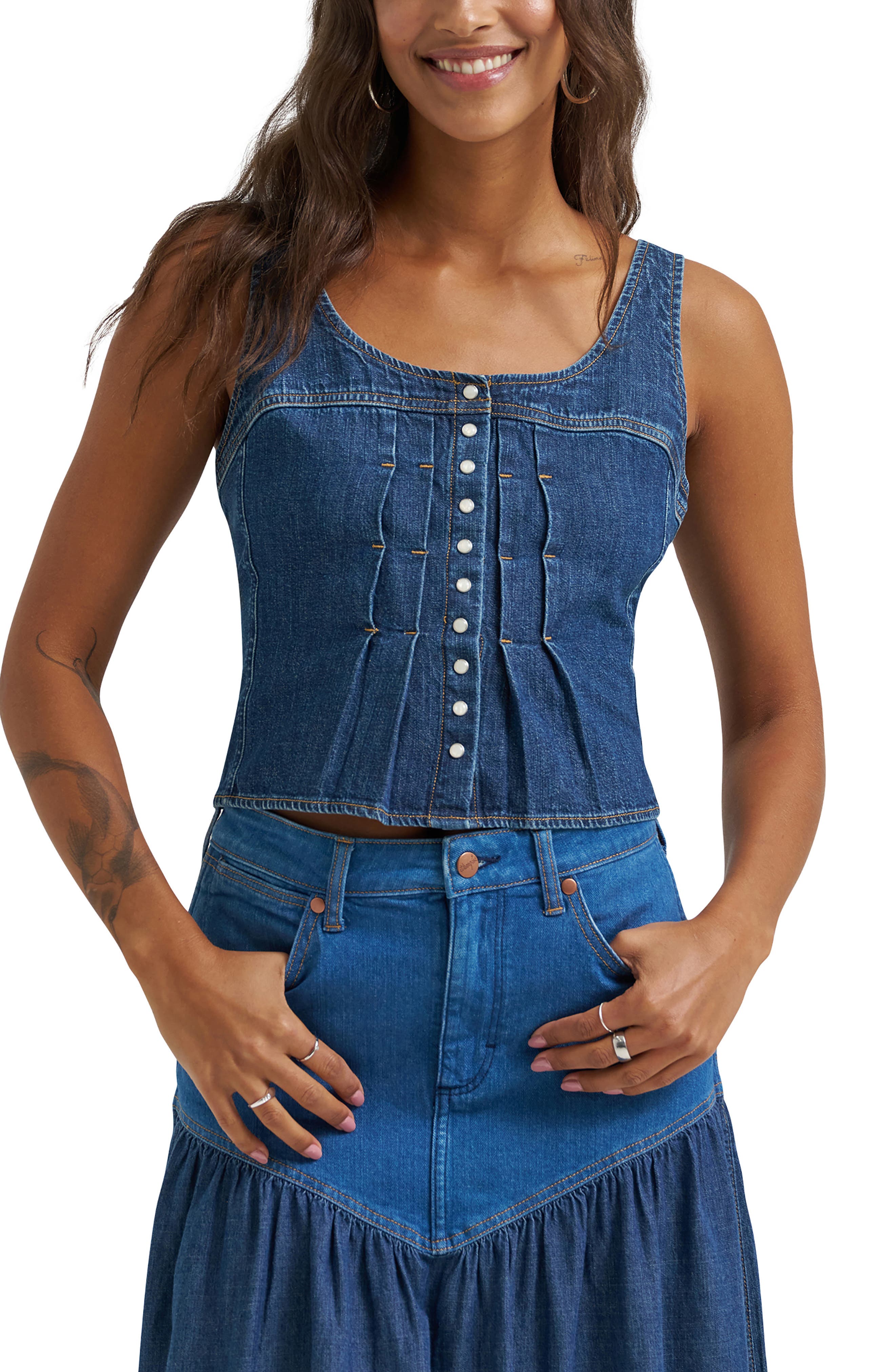 Pleated Denim Corset Tank