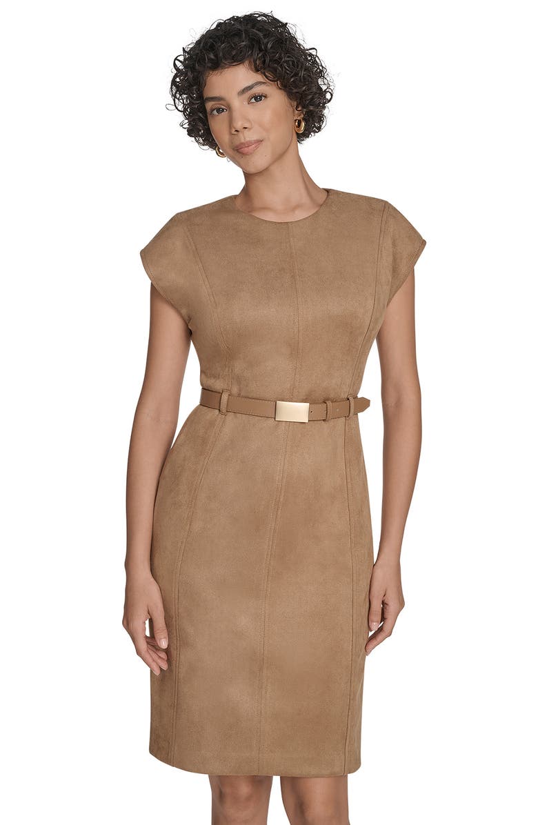 Calvin Klein Cap Sleeve Belted Faux Suede Sheath Dress, Alternate, color, Luggage