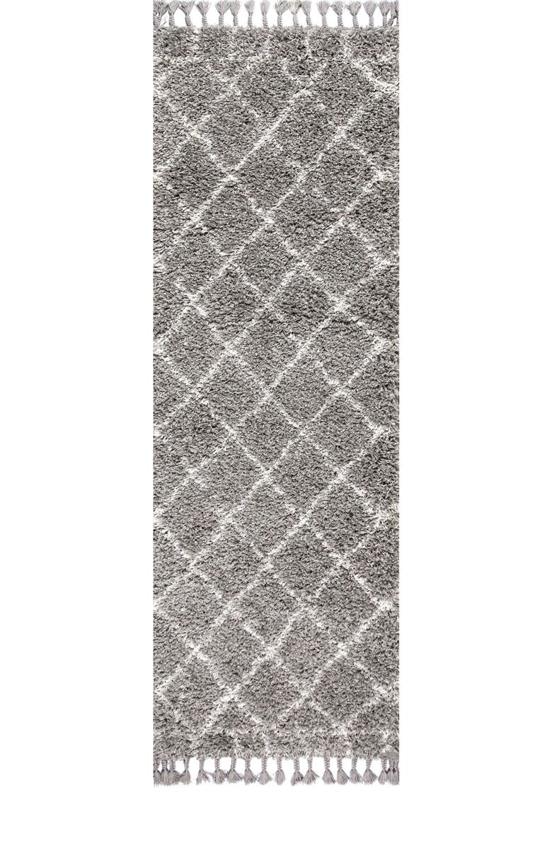 JONATHAN Y Mercer Shag Plush Tassel Moroccan Geometric Area Rug, Main, color, Gray/Ivory