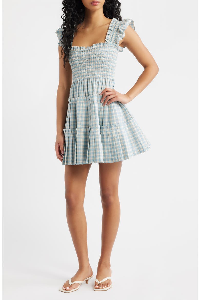 The Nap® Pleated Fit & Flare Minidress, Main, color, BLUE/ RED GINGHAM