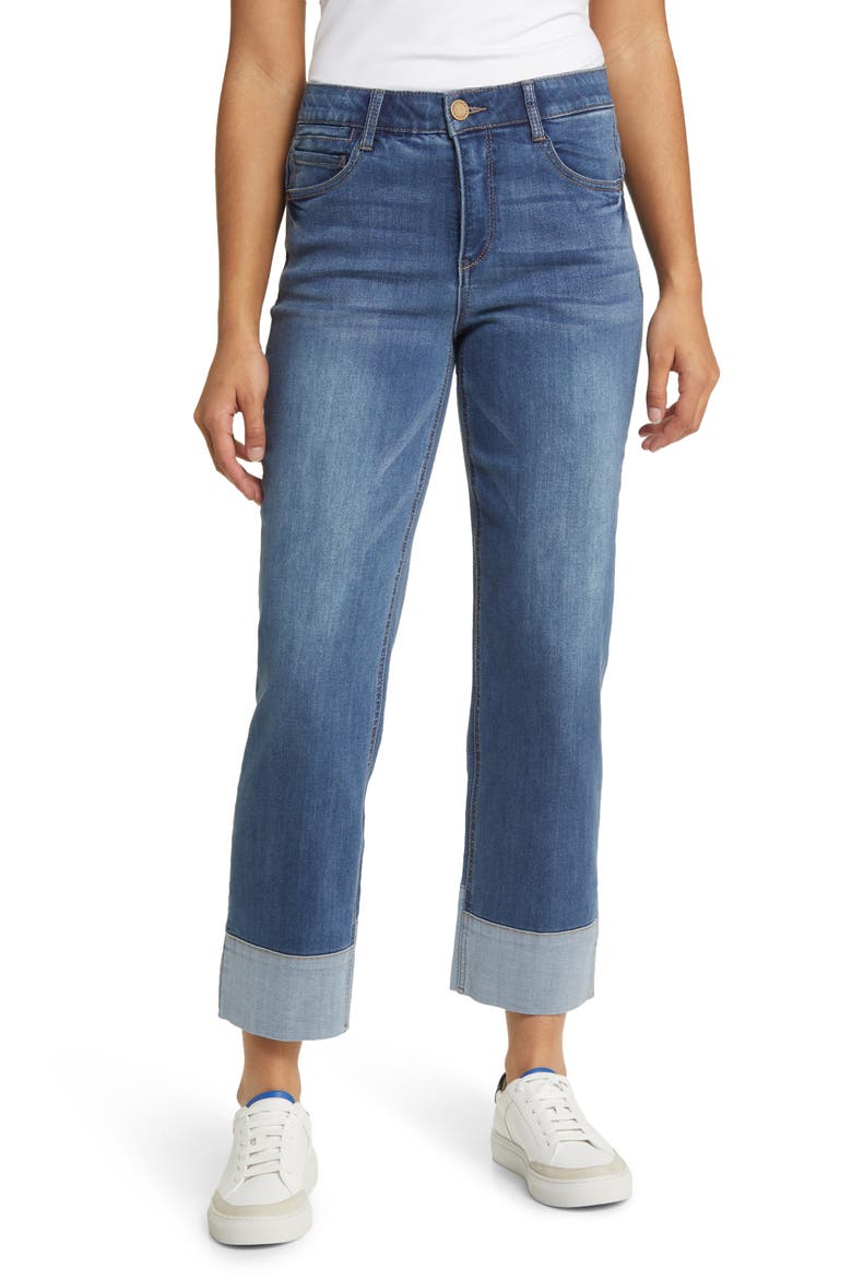 'Ab'Solution Tacked Cuff High Waist Boyfriend Jeans, Main, color, MID BLUE