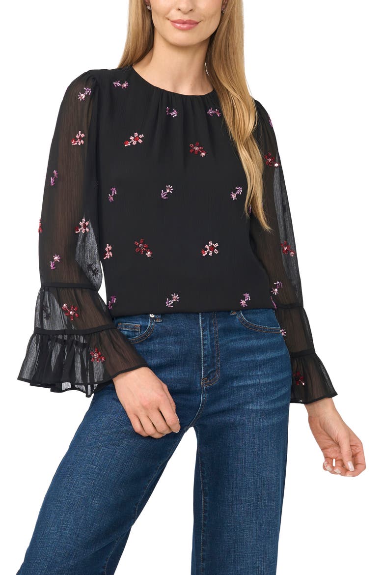 Beaded Ruffle Cuff Top, Main, color, RICH BLACK