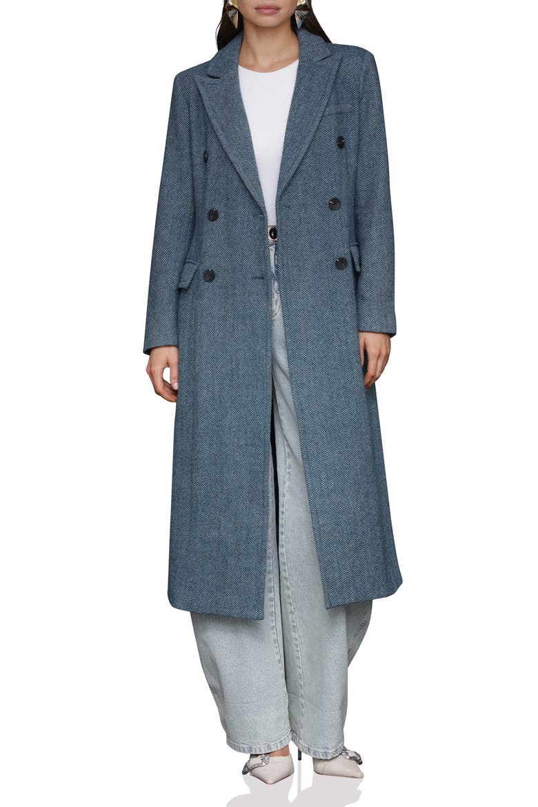 Strong Shoulder Double Breasted Herringbone Coat, Main, color, CAPRI BLUE CHEVRON
