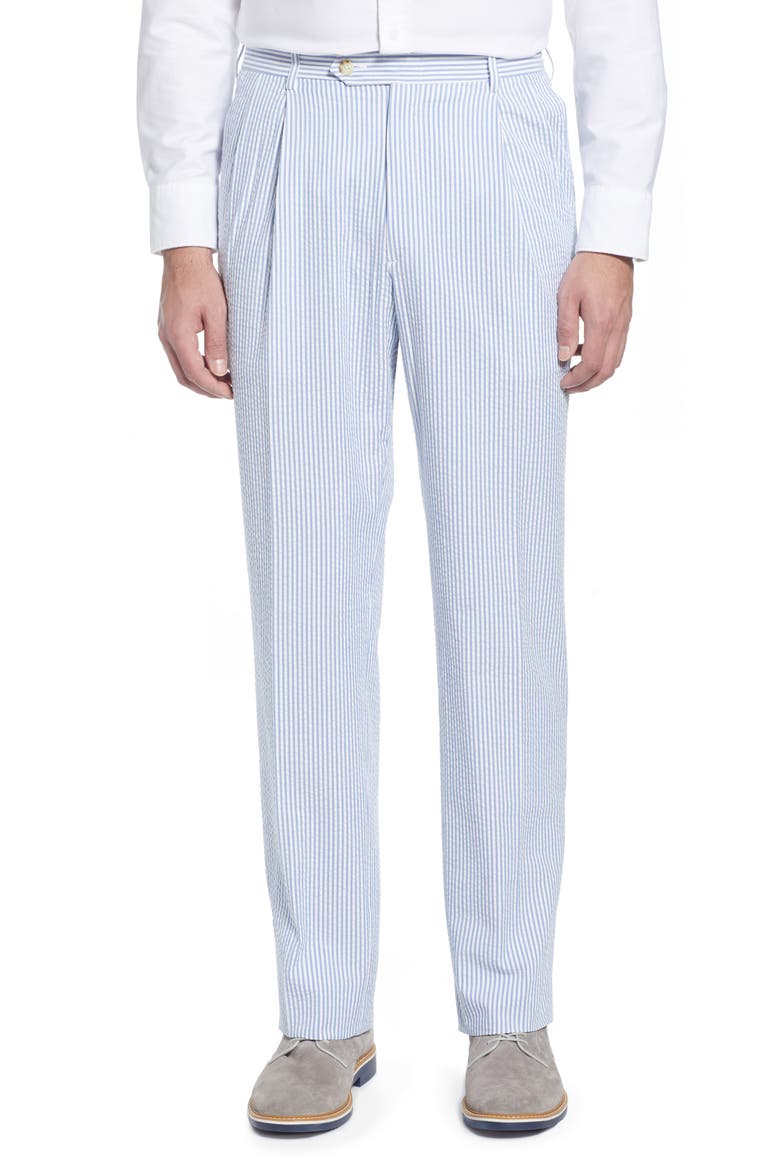 Pleated Seersucker Cotton Dress Pants, Main, color, LIGHT BLUE