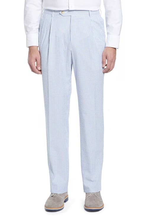 Pleated Seersucker Cotton Dress Pants