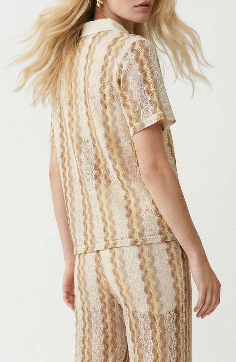 VERO MODA Teresa Chevron Openwork Knit Polo Top, Alternate, color, Birch Pattern Silver Mink Gold