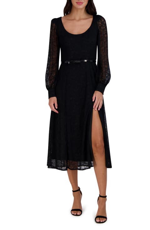 Lace Overlay Long Sleeve Midi Dress