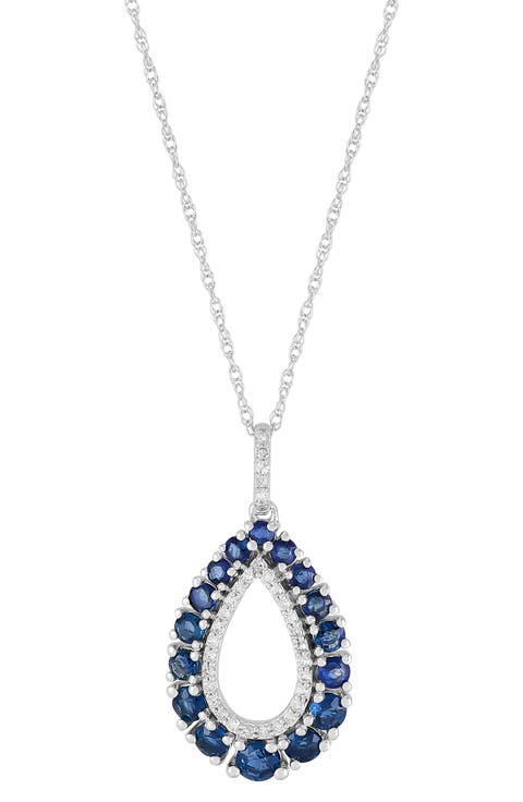 10K White Gold Diamond & Sapphire Teardrop Pendant Necklace