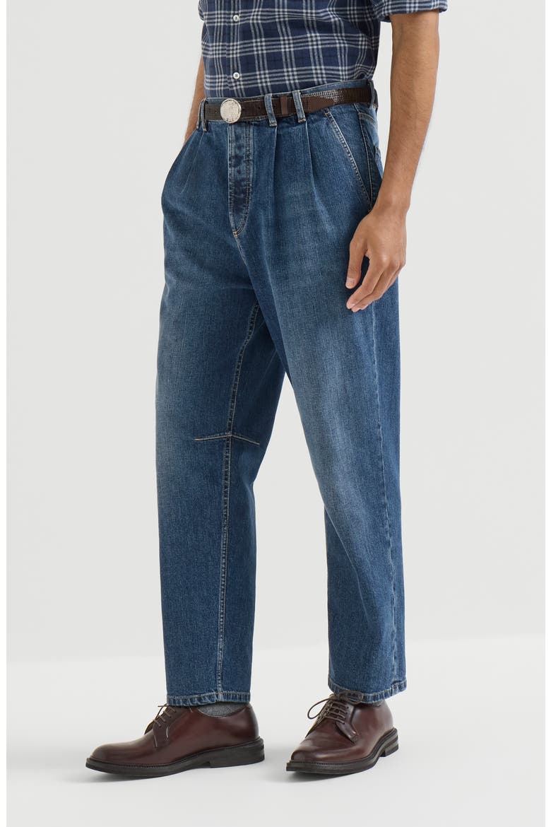 Comfort cotton denim iconic fit five-pocket trousers with double pleats, Main, color, Medium Denim