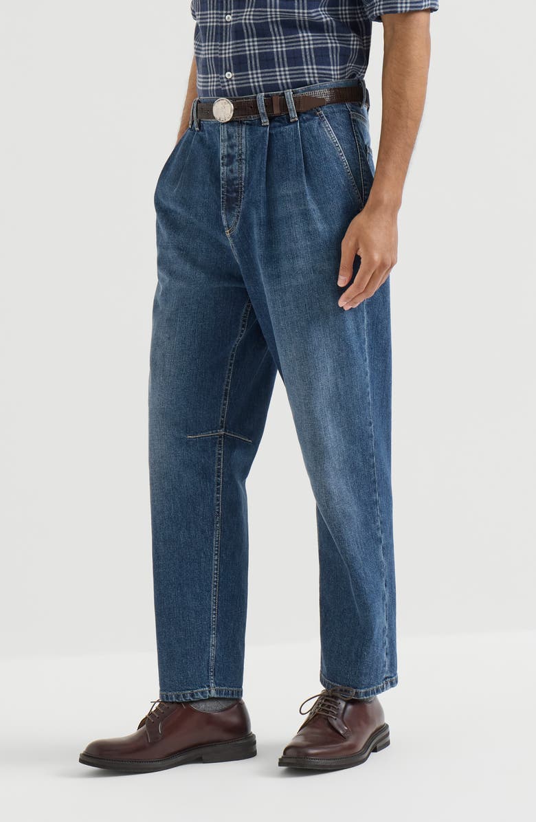 Brunello Cucinelli Comfort cotton denim iconic fit five-pocket trousers with double pleats, Main, color, Medium Denim