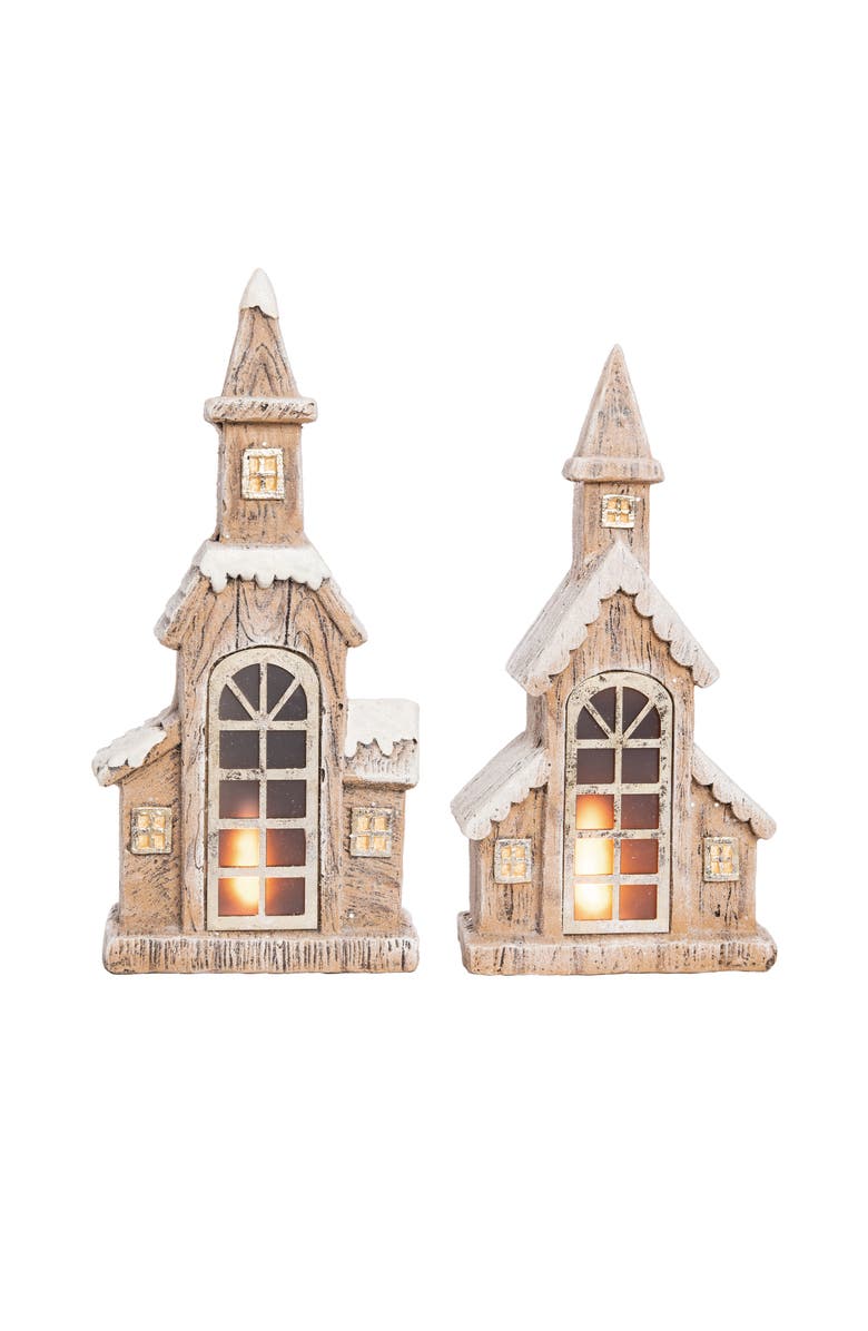 Transpac Resin Light Up Snowy Steeple Set of 2 Christmas Decor, Main, color, Brown