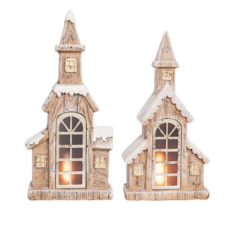 Resin Light Up Snowy Steeple Set of 2 Christmas Decor