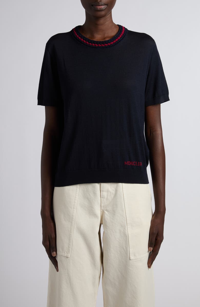 Moncler Embellished Virgin Wool Sweater, Main, color, Dark Navy Blue