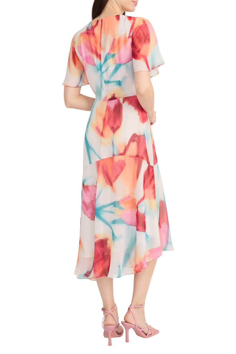 Flutter Sleeve Midi Dress, Alternate, color, CREAM/ CORAL PINK