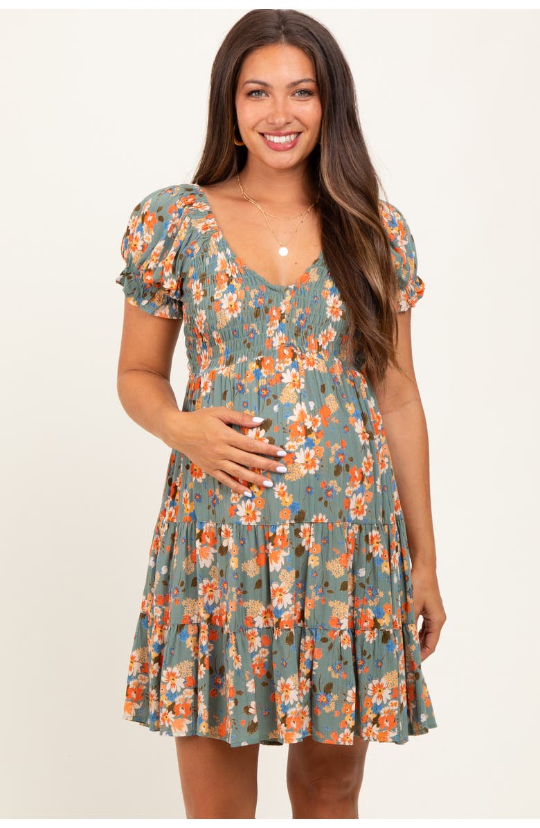 PinkBlush Floral Smocked V-Neck Puff Sleeve Dress, Main, color, Olive Green
