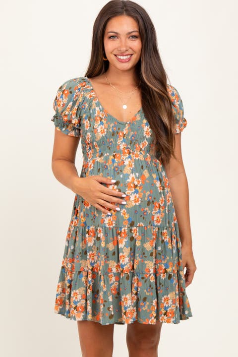Floral Smocked V-Neck Puff Sleeve Dress