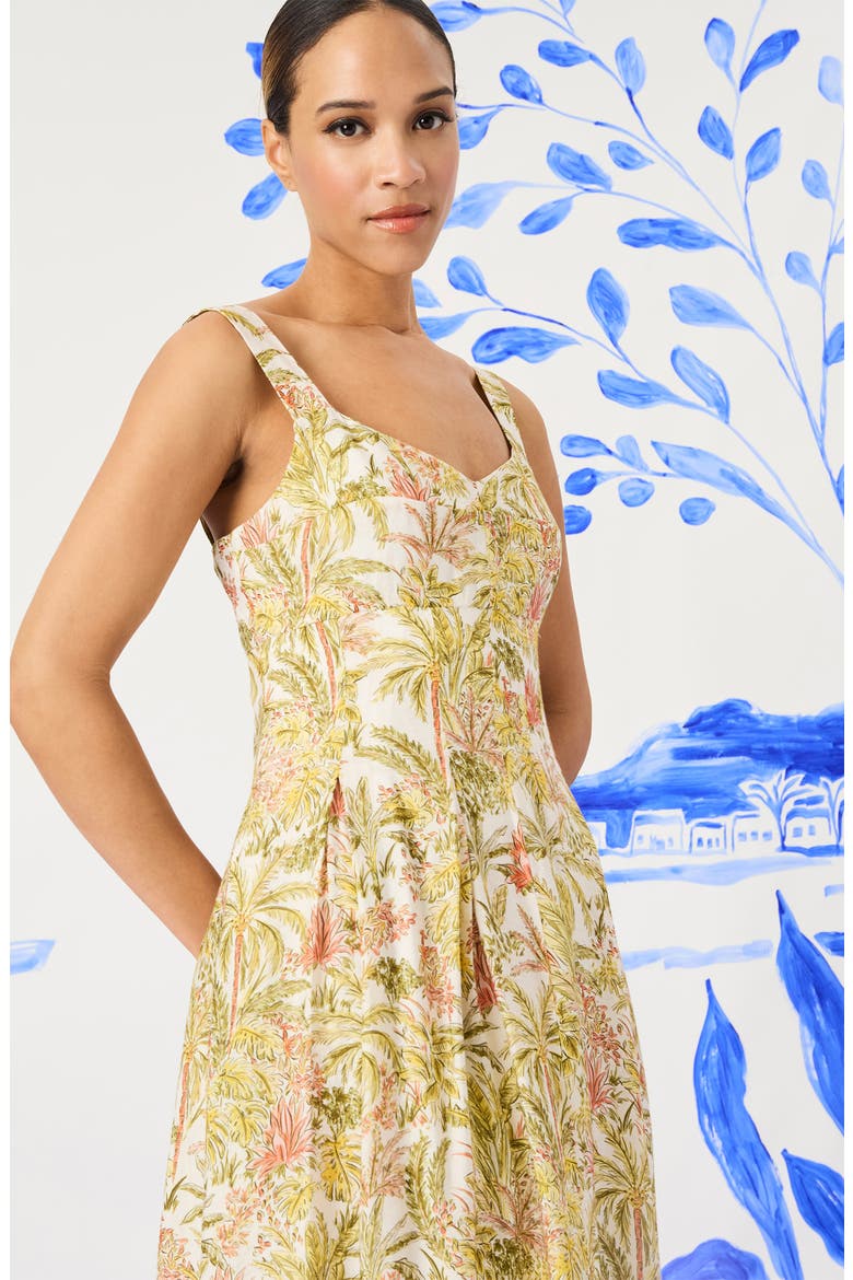 Palm Print Empire Waist Fit & Flare Midi Dress, Alternate, color, IVORY/ LEMON