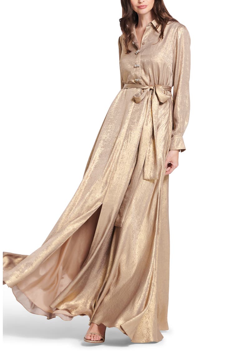 Foil Long Sleeve Chiffon Gown, Alternate, color, GOLD
