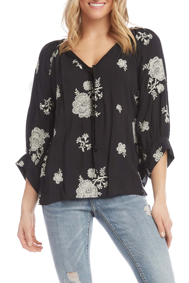 Embroidered Blouson Sleeve Top, Main, color, BLACK