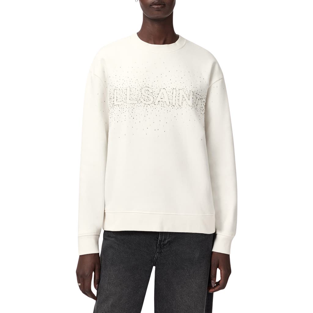 Allsaints Etta Crystal Embellished Fleece Sweatshirt In White