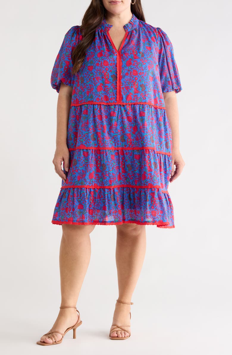 SUGARLIPS Tanya Korra Floral Tiered Shift Dress, Main, color, Blue-Fuchsia