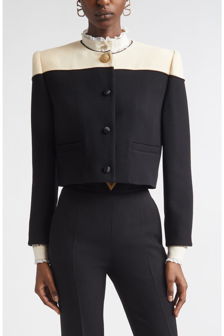Colorblock Crop Wool Crepe Jacket, Main, color, BLACK/ CREAM
