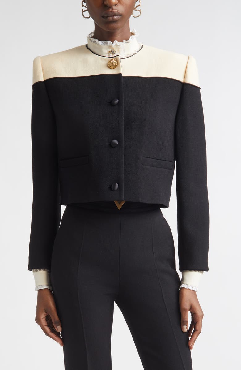 Valentino Colorblock Crop Wool Crepe Jacket, Main, color, Black/ Cream