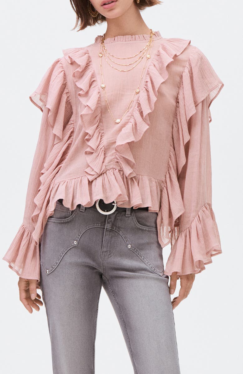 MANGO TEEN Ruffle Long Sleeve Cotton Crop Top, Main, color, Pink