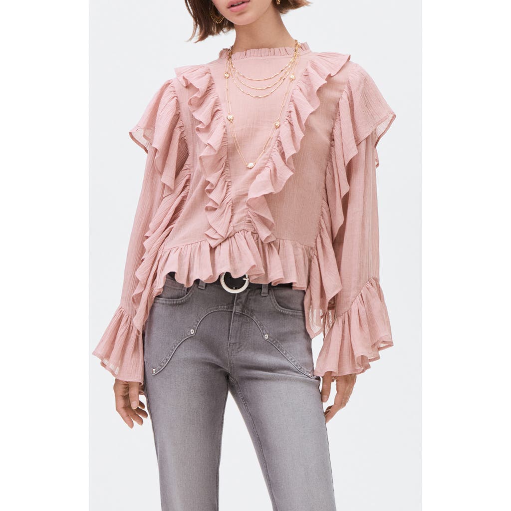 Mango Teen Ruffle Long Sleeve Cotton Crop Top In Pink