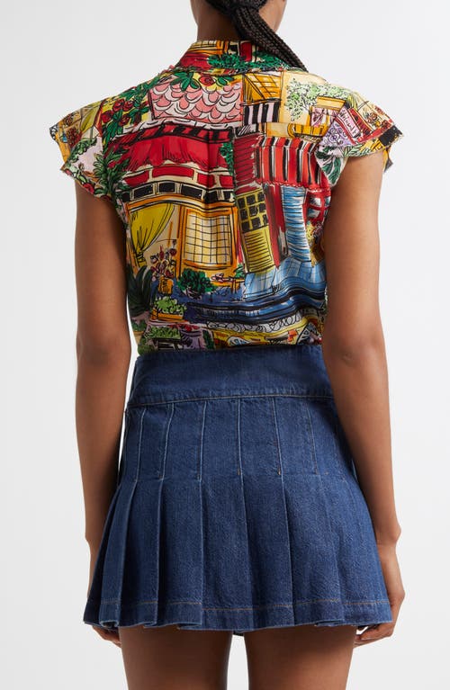 Alice And Olivia Vacation Dreams Martel Flutter-sleeve Blouse In Vacation Dreams