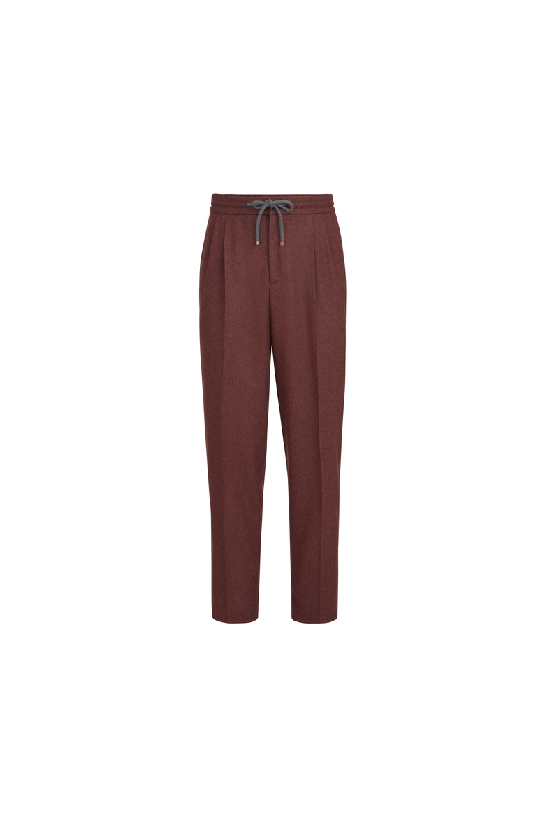 Virgin wool and cashmere flannel trousers with drawstring and double pleats, Alternate, color, Burned