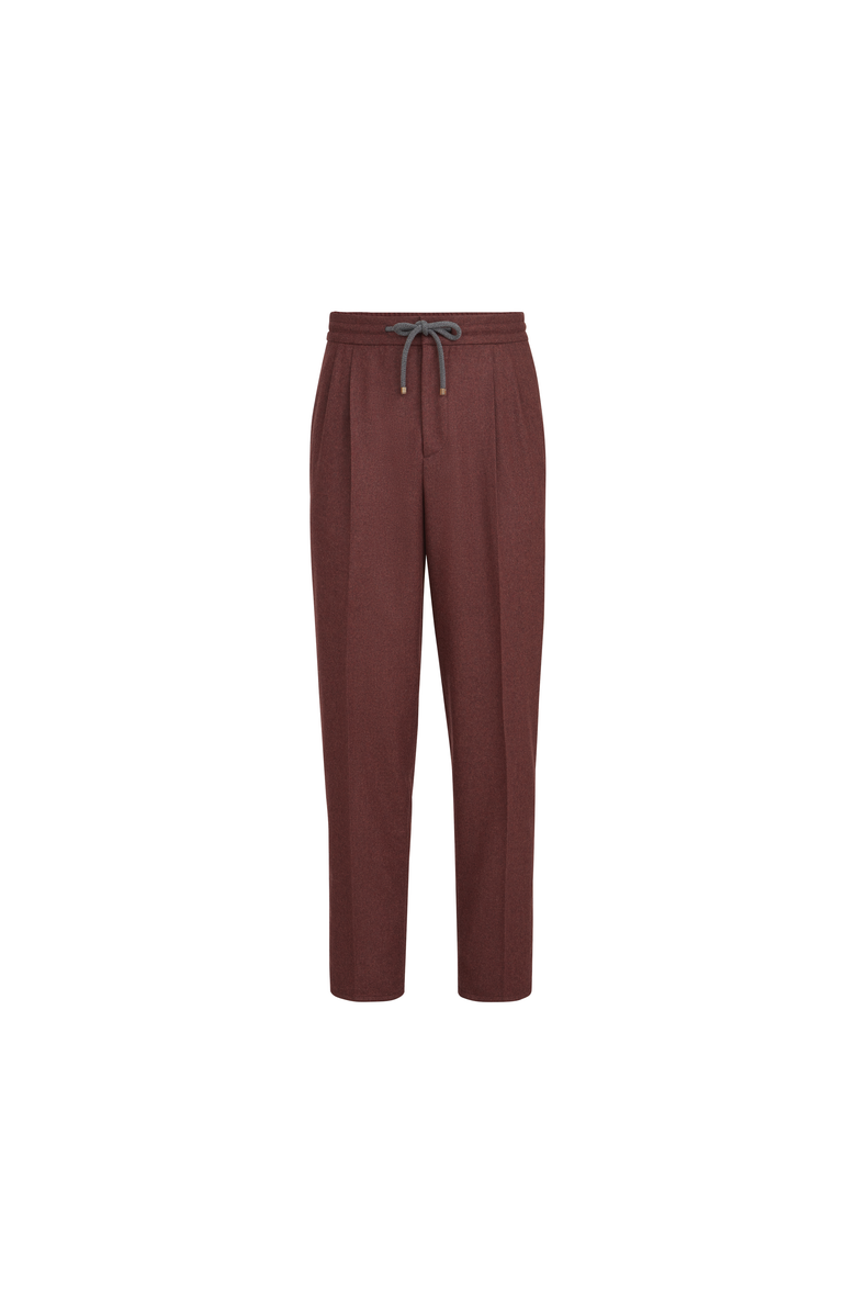 Brunello Cucinelli Virgin wool and cashmere flannel trousers with drawstring and double pleats, Alternate, color, Burned