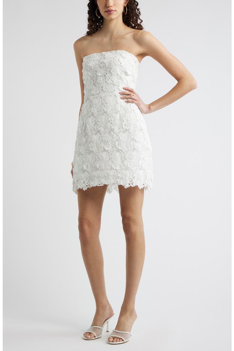 Floral Appliqué Strapless Lace Minidress, Main, color, WHITE