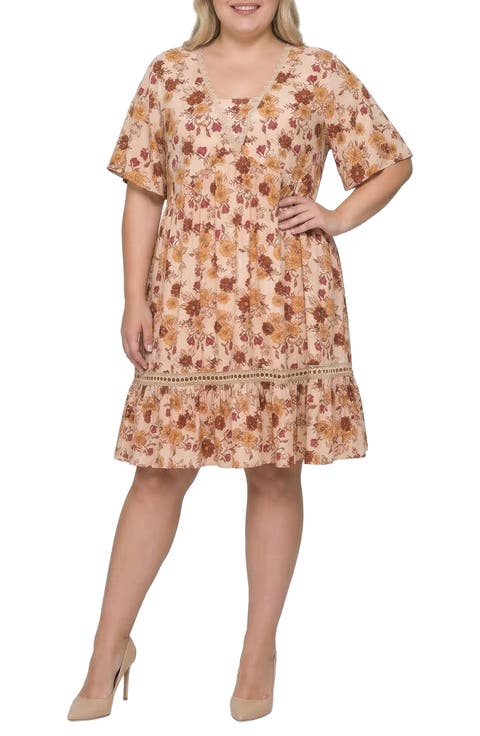 Floral Print Crochet Lace Trim Dress (Plus)